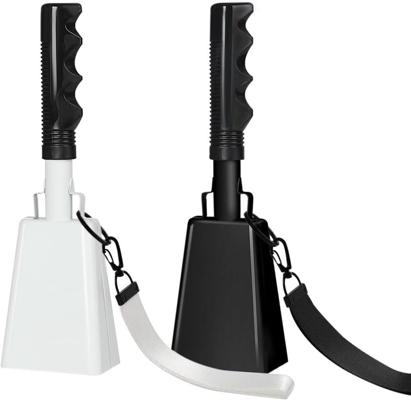 HEYLEAYAR 10Inch Cowbells Set with Handle for Sporting Events, 2Pcs Large Cow Bells with Wrist Straps, Loud Noise Makers for Football Games Spirit Marathon Weddings Party Noisemakers, White & Black - Image 1